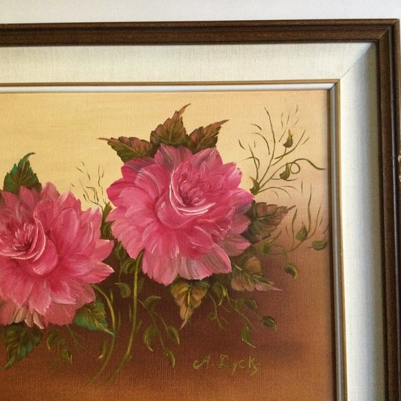 Original painting of two pink flowers on canvas framed signed wall hanging - Picture 4 of 7